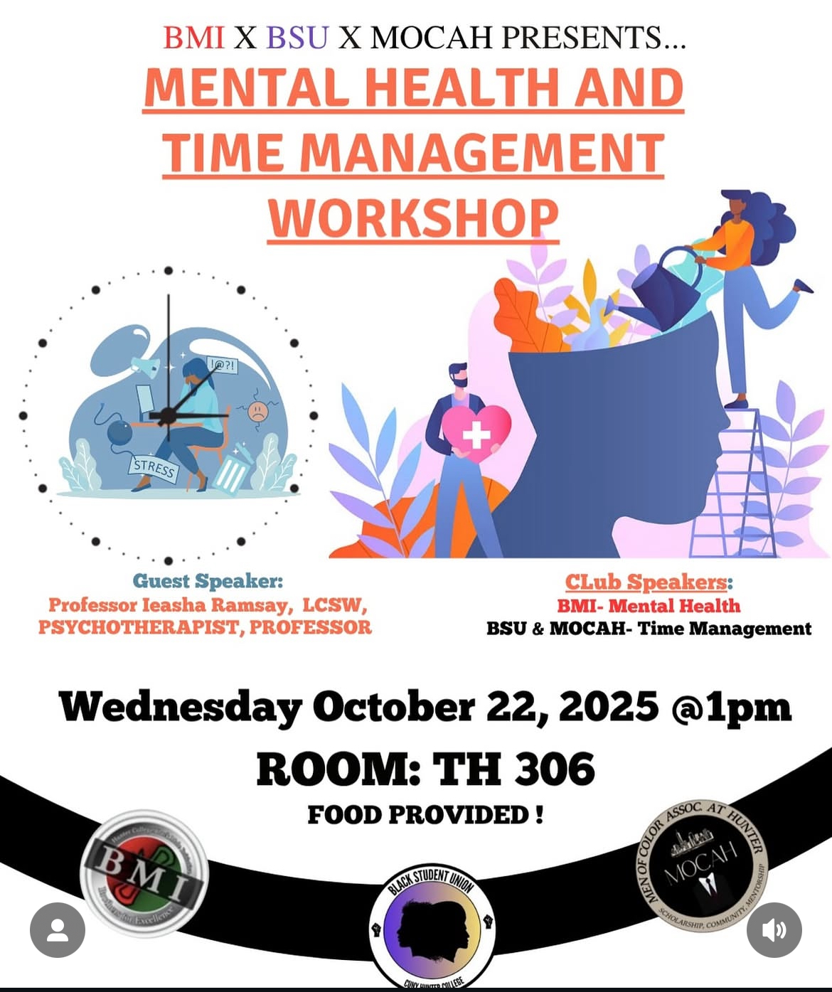 BMI x BSU x Mocah - Time Management and Mental Health Workshop Flyer